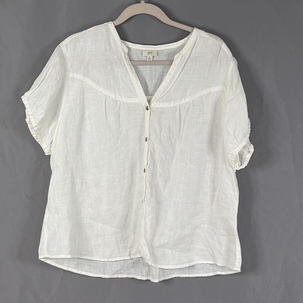 J. Jill Blouse Womens XL White Linen Short Sleeve V-Neck Coastal Button Top